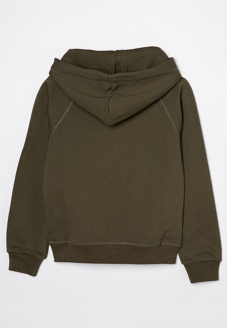 Olivgrüner Kapuzenpullover aus weichem Baumwollmaterial. Verfügt über eine geräumige Kapuze, gerippte Bündchen und einen gerippten Saum, mit sichtbaren Nähdetails.