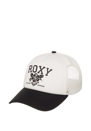 Biely a čierny sieťovaný šiltovka s nápisom "ROXY" tučným písmom, kvetinovým dizajnom a potlačou "ENDLESS SUMMER" na prednej strane.