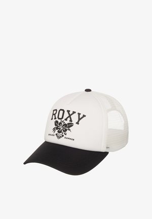 Hvid og sort mesh baseballkasket med "ROXY" i fed skrift, blomsterdesign og "ENDLESS SUMMER" tryk på fronten.