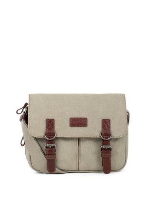 Sac messager en toile beige avec des bandoulières en cuir marron, des boucles argentées et une bandoulière ajustable.
