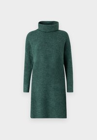 Robe col roulé vert foncé en tissu tricoté texturé. Elle présente des manches longues et une coupe décontractée, avec une silhouette droite.