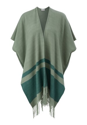 Poncho vert et turquoise au look décontracté, fabriqué en tissu doux. Présente des rayures verticales et horizontales ainsi que des bords frangés.