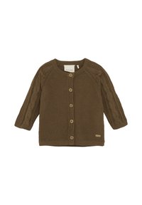 Brauner Strickcardigan mit langen Ärmeln, der einen strukturierten Körper und Strukturstrickakzente an den Ärmeln aufweist. Fünf Knopfverschluss und Markennamensschild.