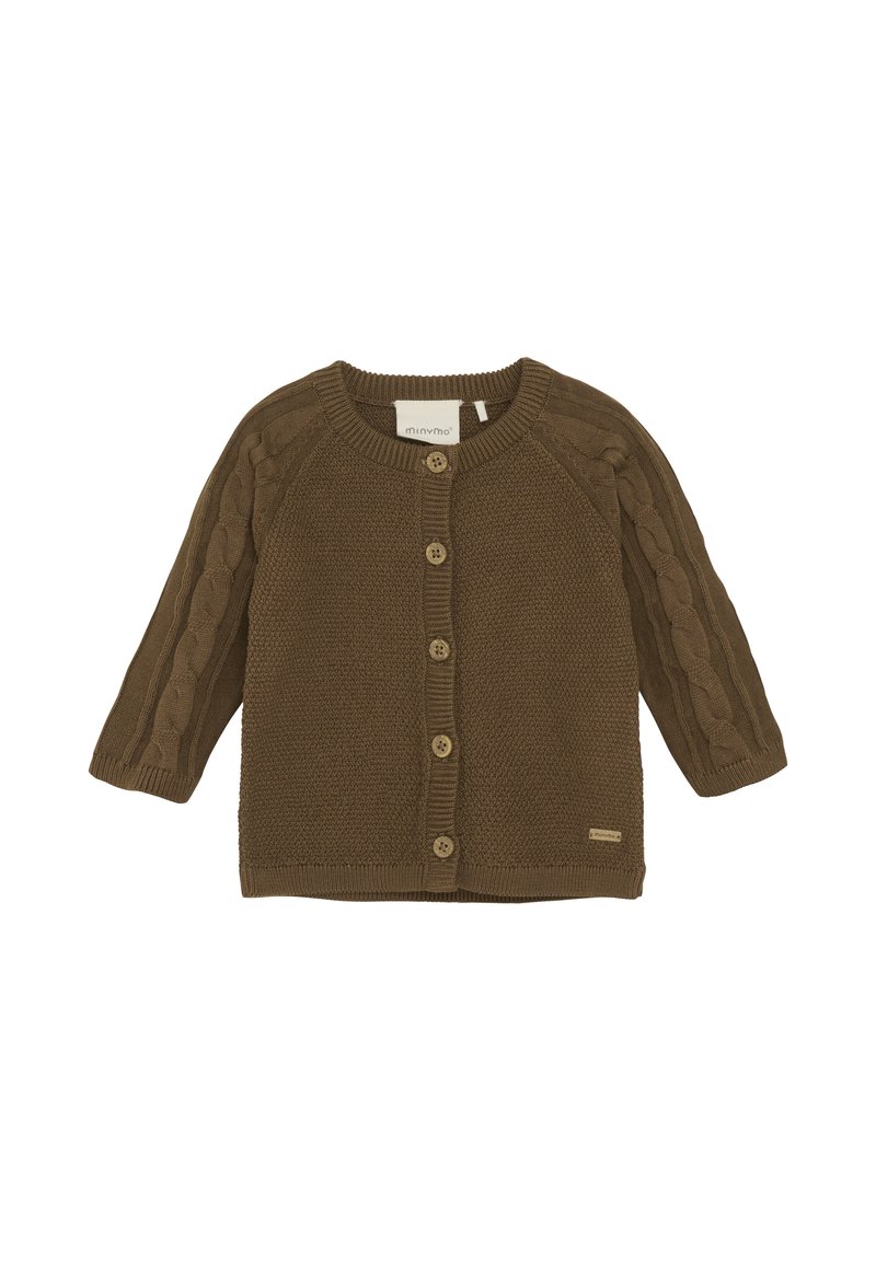 Brauner Strickcardigan mit langen Ärmeln, der einen strukturierten Körper und Strukturstrickakzente an den Ärmeln aufweist. Fünf Knopfverschluss und Markennamensschild.