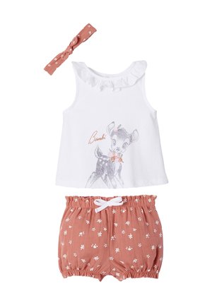 White sleeveless top with ruffle collar and Bambi graphic, paired with rust-colored floral shorts and matching floral headband for toddler.
