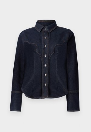 Dark denim shirt with a western-style yoke, featuring silver buttons, long sleeves, and subtle stitching details.