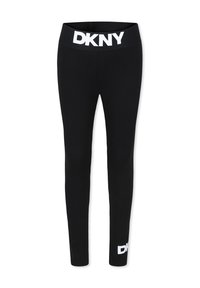 Leggings neri con una ampia vita logo DKNY. Realizzati in un materiale liscio e elasticizzato, presentano una silhouette aderente e un dettaglio logo sulla gamba.