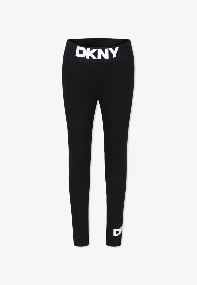 Leggings neri con una ampia vita logo DKNY. Realizzati in un materiale liscio e elasticizzato, presentano una silhouette aderente e un dettaglio logo sulla gamba.