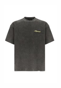 Donkergrijze oversized t-shirt gemaakt van zachte katoen, met een ribbelboord en een opvallend geel geborduurd "Represent" logo op de borst.