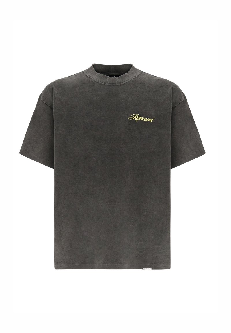 Donkergrijze oversized t-shirt gemaakt van zachte katoen, met een ribbelboord en een opvallend geel geborduurd "Represent" logo op de borst.