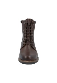 Braune Leder-Ankle-Boots mit Schnürung an der Vorderseite, seitlichem Reißverschluss und runder Zehenpartie. Verfügt über eine glatte Textur und gestickte Akzente an der Sohle.