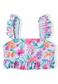 Kwiatowy top bikini z falbaniastymi ramiączkami, z pastelowym niebieskim tłem i żywymi różowymi, pomarańczowymi oraz zielonymi wzorami kwiatów.