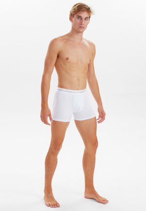Hvide bomulds boxer briefs med en elastisk talje. De har en tætsiddende pasform, featuring en frontlomme og en glat tekstur. Ingen mønstre eller accenter.