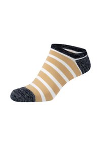Calzino alla caviglia con motivo a righe in beige e bianco, con un tallone e una punta di colore scuro e con texture. Tessuto lavorato a maglia, design leggero.