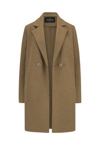 Brauner Wollmischungs-Mantel mit Reverskragen, doppelter Knopfleiste und Seitentaschen. Verfügt über einen geraden Schnitt und strukturierten Stoff.