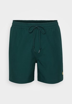 Costumi da bagno verde scuro realizzati in tessuto leggero, dotati di una cintura elastica con cordino e un piccolo logo sul lato.
