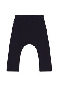 Schwarze Baumwollhosen mit einem elastischen Bund, die ein einzigartiges Schritt-design mit schmal zulaufenden Beinen aufweisen. Glatte Textur, keine sichtbaren Muster.