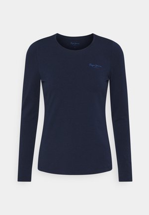 Marineblauw shirt met lange mouwen, gemaakt van zachte stof, met een ronde halslijn en een klein, geborduurd logo op de bovenste linkerborst.