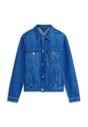 Blauwe spijkerjas met een knoopsluiting aan de voorkant, twee borstzakken, een puntige kraag en een licht verweerde look. Lange mouwen met knoopmanchetten.