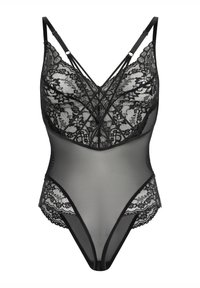 Melns bodijs ar mežģīņu detaļām un caurspīdīgām acs paneļiem. Tajā ir krustveida dizains un regulējamas siksnas, ar viļņainām mežģīņu malām.