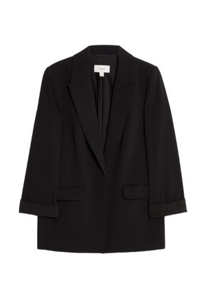 Blazer nero con un design sartoriale, dotato di rever a punta, due tasche anteriori e maniche arrotolate. Realizzato in un tessuto liscio.