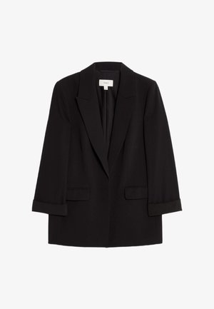 Black blazer with a tailored design, featuring notched lapels, two front pockets, and rolled sleeves. Made from a smooth fabric.