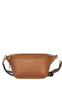 Sac banane en cuir marron avec une surface texturée, fermeture éclair dorée et trois points décoratifs verticaux. Dispose d'une bandoulière réglable pour plus de polyvalence.