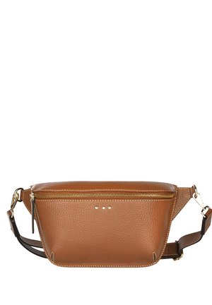 Sac banane en cuir marron avec une surface texturée, fermeture éclair dorée et trois points décoratifs verticaux. Dispose d'une bandoulière réglable pour plus de polyvalence.