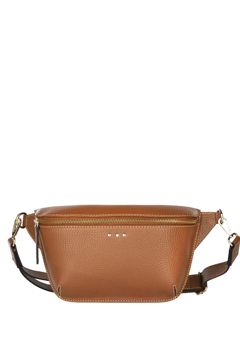 Sac banane en cuir marron avec une surface texturée, fermeture éclair dorée et trois points décoratifs verticaux. Dispose d'une bandoulière réglable pour plus de polyvalence.