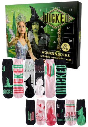 Wicked women's sock set with 12 pairs. Features various colors: pink, black, and green, with distinct designs and patterns including silhouettes.