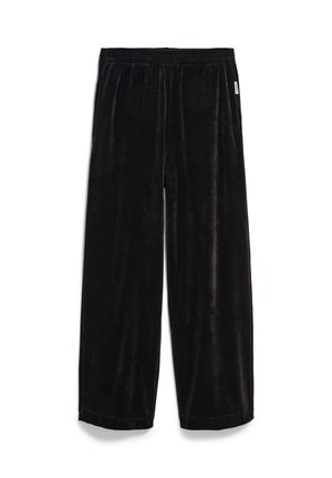 Zwarte wijde velours broek met een elastische tailleband, relaxte pasvorm en zijzakken, weergegeven op een witte achtergrond.
