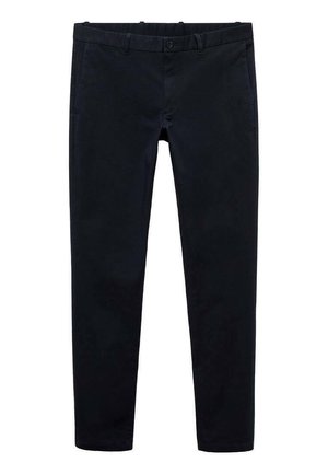 Black trousers with a straight fit, made from a smooth cotton-blend fabric. Features a button closure and side pockets.