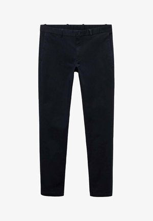 Czarne spodnie o prostym kroju, wykonane z gładkiego materiału bawełnianego. Posiadają zapięcie na guzik oraz boczne kieszenie.