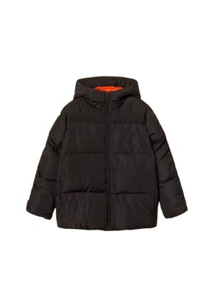 Giacca a piumino nera con cappuccio, caratterizzata da un design trapuntato, polsini elasticizzati e una fodera interna arancione. Chiusura frontale con zip e tasche laterali.