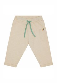 Cremefarbene Baumwoll-Jogginghose mit einem türkisfarbenen Kordelzug und einer seitlichen Tasche mit einem mehrfarbigen Akzent. Mit Bündchen am Saum.