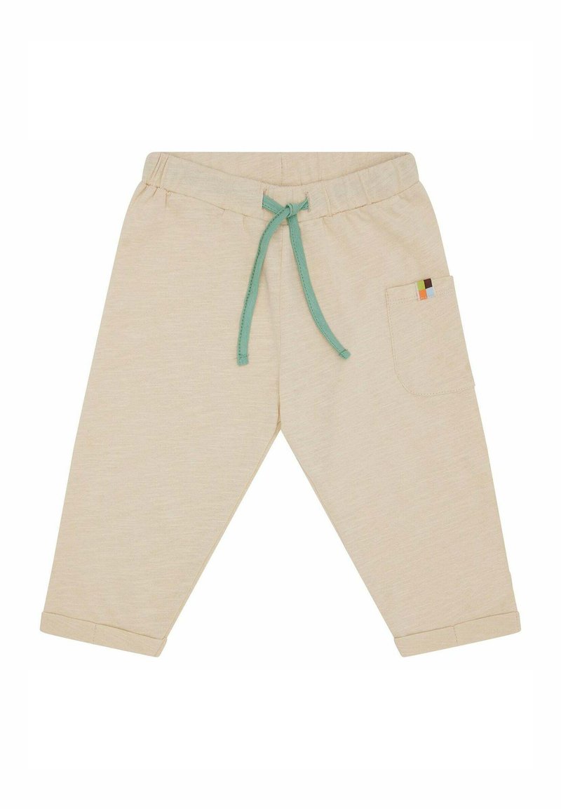 Cremefarbene Baumwoll-Jogginghose mit einem türkisfarbenen Kordelzug und einer seitlichen Tasche mit einem mehrfarbigen Akzent. Mit Bündchen am Saum.