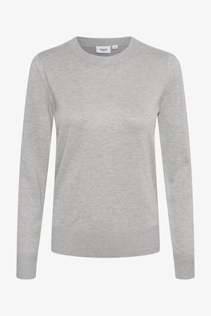 Jasnoszary sweter z okrągłym dekoltem, długimi rękawami, ściągaczem na dole i przy mankietach, wykonany z miękkiej dzianiny, o prostym fasonie.