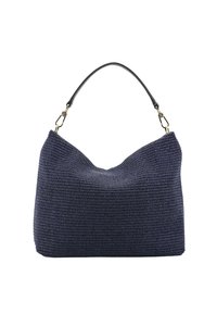 Marineblauer gewebter Beutel mit einer strukturierten Form, glattem schwarzen Ledergriff und goldenen Hardware-Details. Texturierte Oberfläche und lässiges Design.