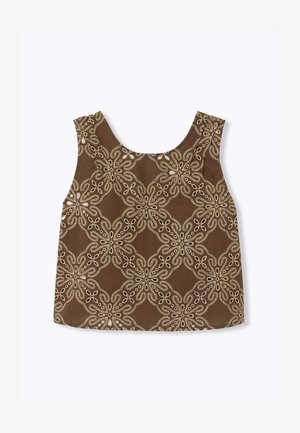 Crop top marron sans manches avec broderie en dentelle florale beige formant un motif en losange sur le tissu.