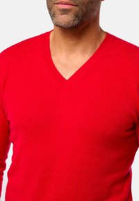 Pull rouge à col en V en tricot doux, présentant une coupe ajustée et une texture lisse, sans motifs ni accents visibles.