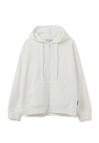 Sudadera blanca con cremallera, de mangas largas, capucha con cordón, dos bolsillos frontales y puños acanalados. Tejido suave de textura lisa.