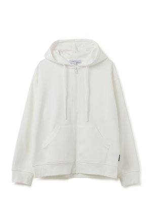 Weißer Reißverschluss-Hoodie mit langen Ärmeln, einer Kapuze mit Kordelzug, zwei vorderen Taschen und gerippten Bündchen. Weicher Stoff mit glatter Textur.