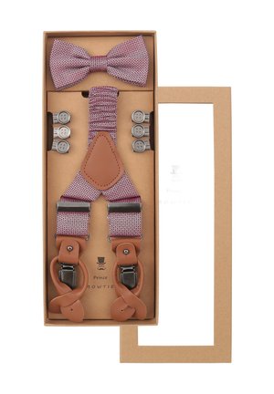 Verstellbare, burgunderrote und weiß gemusterte Hosenträger mit braunen Lederakzenten, kombiniert mit einer passenden Fliege und silbernen Metallclips.