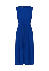 Pleated blue dress with a fitted bodice, round neckline, and a self-tie belt at the waist. Fabric has a smooth texture with vertical pleats.