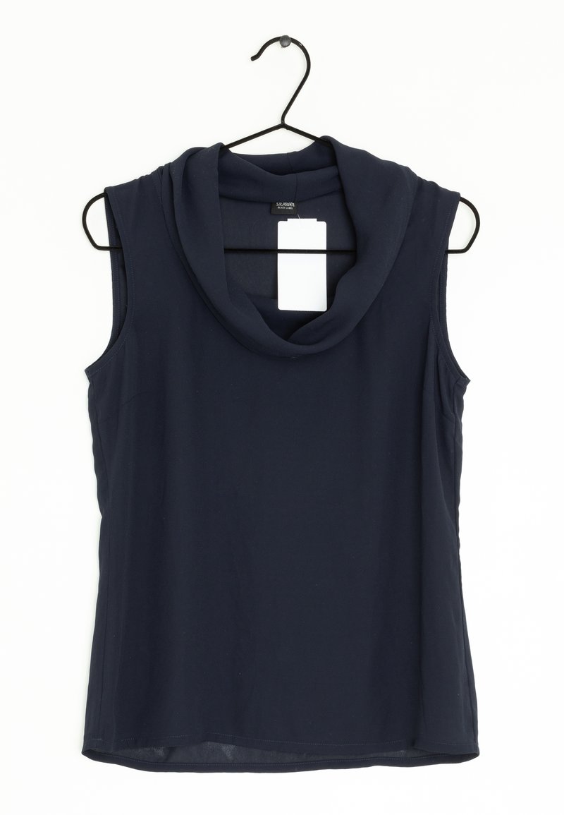 Haut sans manches bleu marine avec un col bénitier, confectionné dans un tissu doux, présentant un ourlet droit et des détails de couture minimalistes.