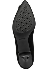 Sole di scarpa Geox nera caratterizzata da una gomma esterna testurizzata con un design perforato per una maggiore traspirabilità e un accento sul tallone liscio.