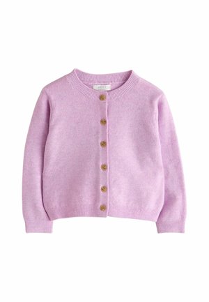 Soft lavender knitted cardigan with long sleeves and six wooden buttons down the front, ribbed collar, cuffs, and hem.