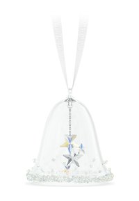 Adorno de campana de vidrio transparente, con una cadena que tiene colgantes en forma de estrella en colores plateados y pastel, adornado con una base de cuentas. Cinta blanca adjunta.