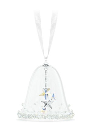 Helder glazen belornament, met een ketting met stervormige hangers in zilver en pasteltinten, versierd met een kralenbasis. Witte lint bevestigd.