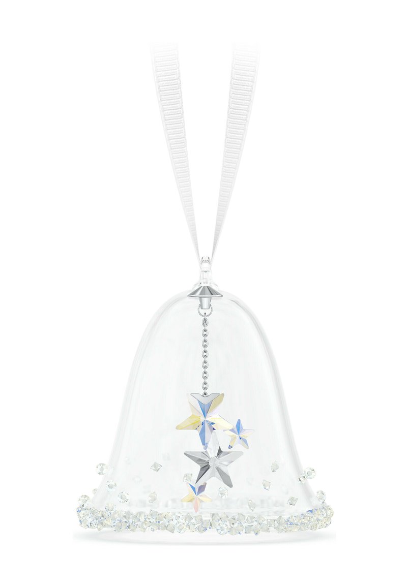 Adorno de campana de vidrio transparente, con una cadena que tiene colgantes en forma de estrella en colores plateados y pastel, adornado con una base de cuentas. Cinta blanca adjunta.